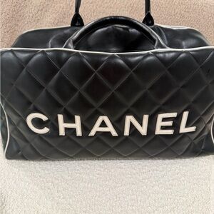 CHANEL Black Quilted Leather Tote with White Logo
